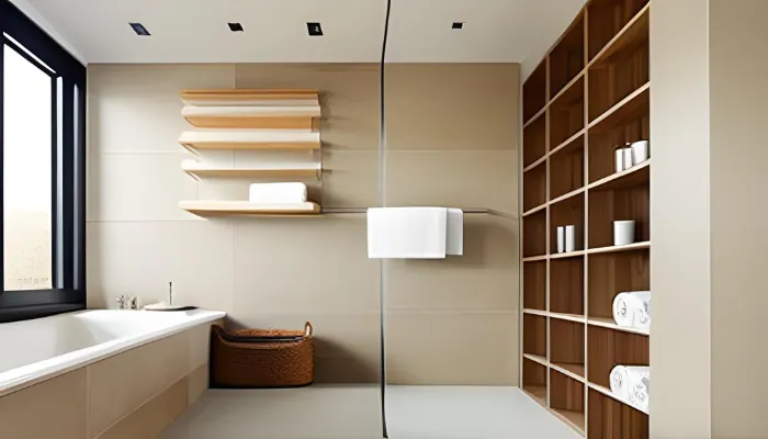 Beige Bathroom With Open Shelves