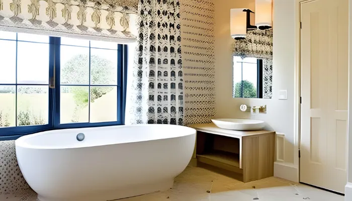 Beige Shade Bathroom With Wallpaper